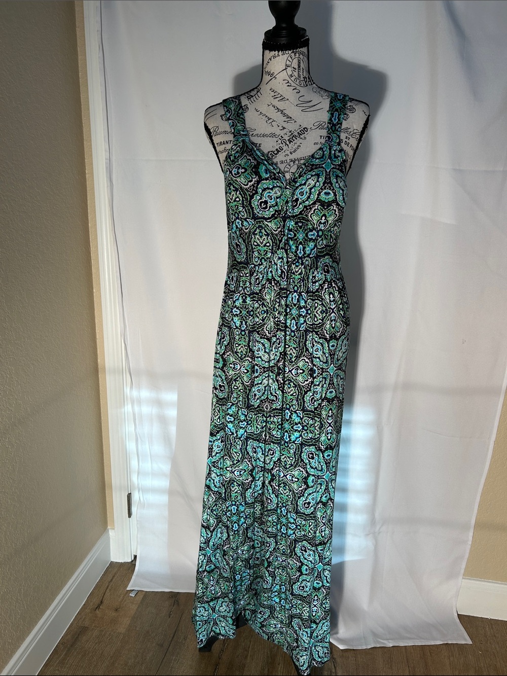Sleeveless Blue-Green Paisley Maxi Dress